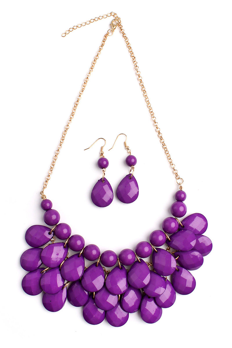 Purple Teardrop Bubble Bib Necklace and Earring Set - Pack of 6