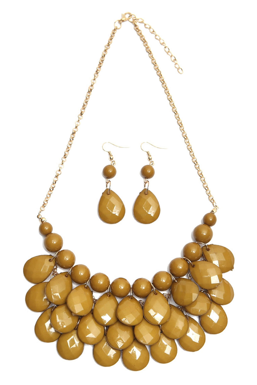 Olive Teardrop Bubble Bib Necklace and Earring Set - Pack of 6