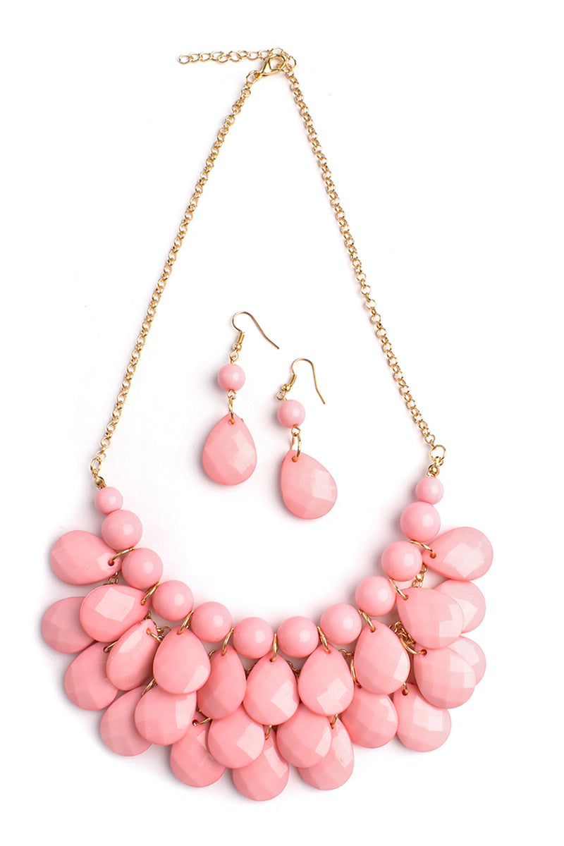 Pink Teardrop Bubble Bib Necklace and Earring Set - Pack of 6