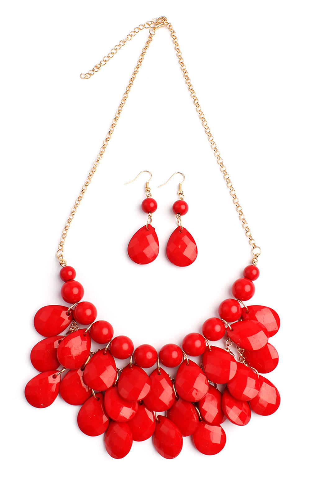 Red Teardrop Bubble Bib Necklace and Earring Set - Pack of 6