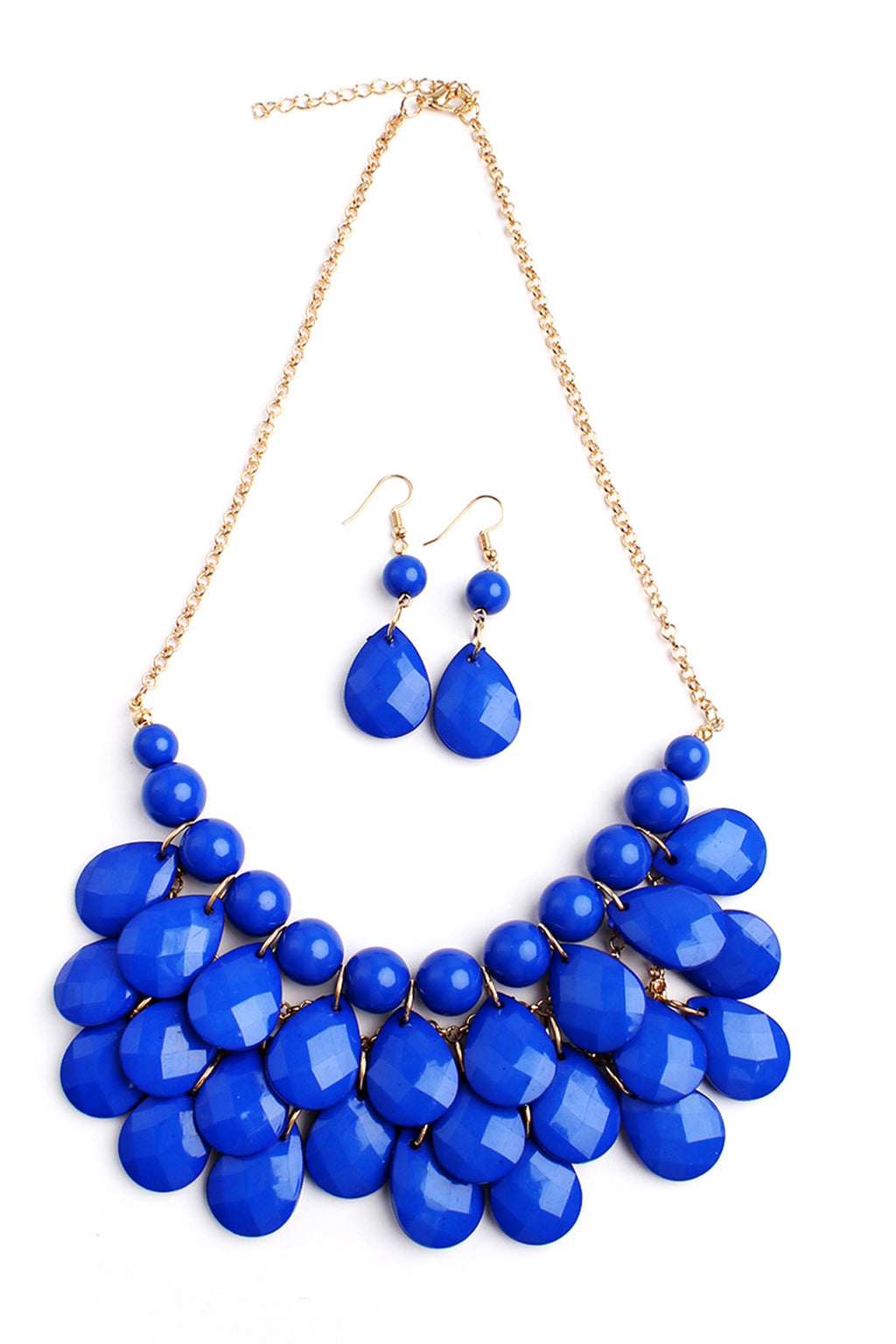 Sapphire Teardrop Bubble Bib Necklace and Earring Set - Pack of 6