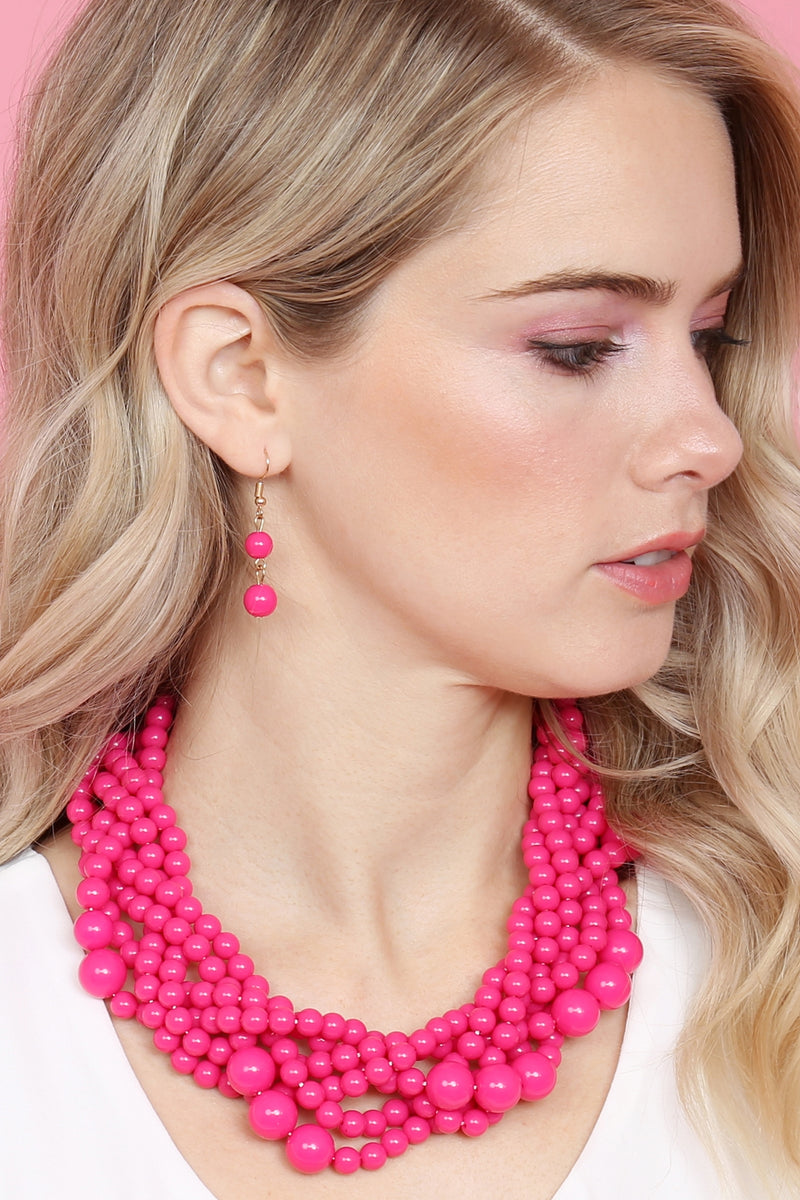 Hot Pink Multi Strand Bubble Choker Necklace And Earring Set - Pack of 6