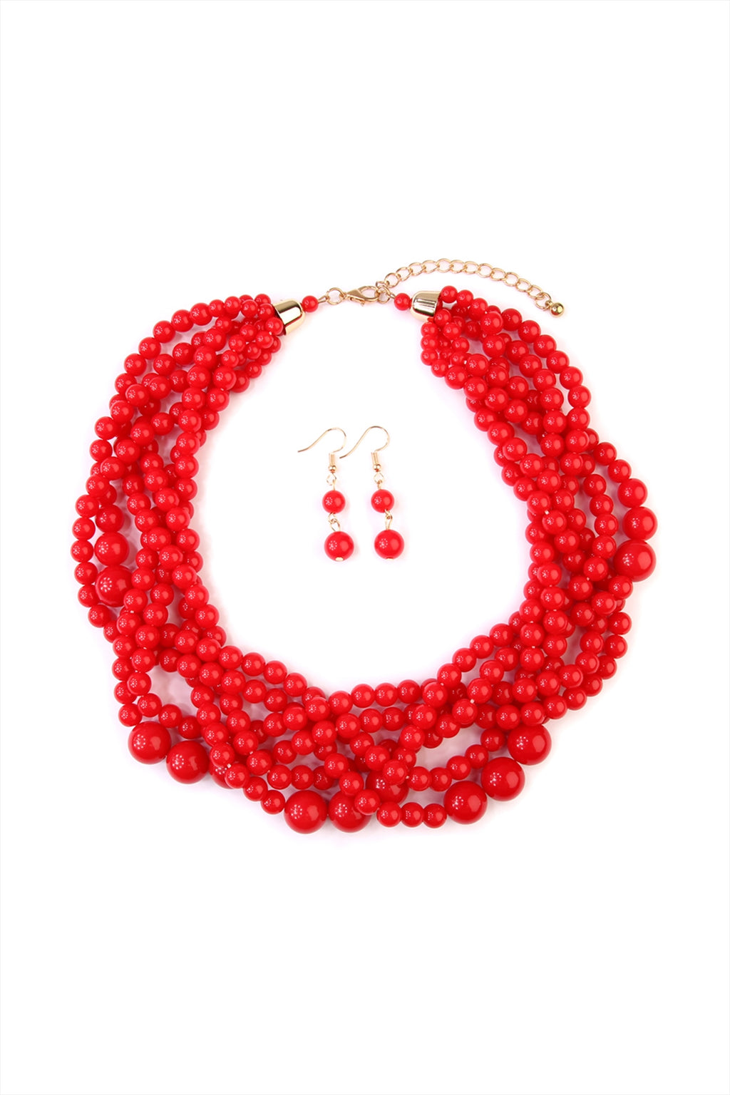 Red Multi Strand Bubble Choker Necklace And Earring Set - Pack of 6