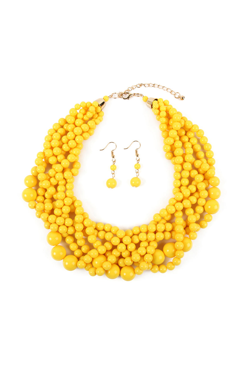 Yellow Multi Strand Bubble Choker Necklace And Earring Set - Pack of 6