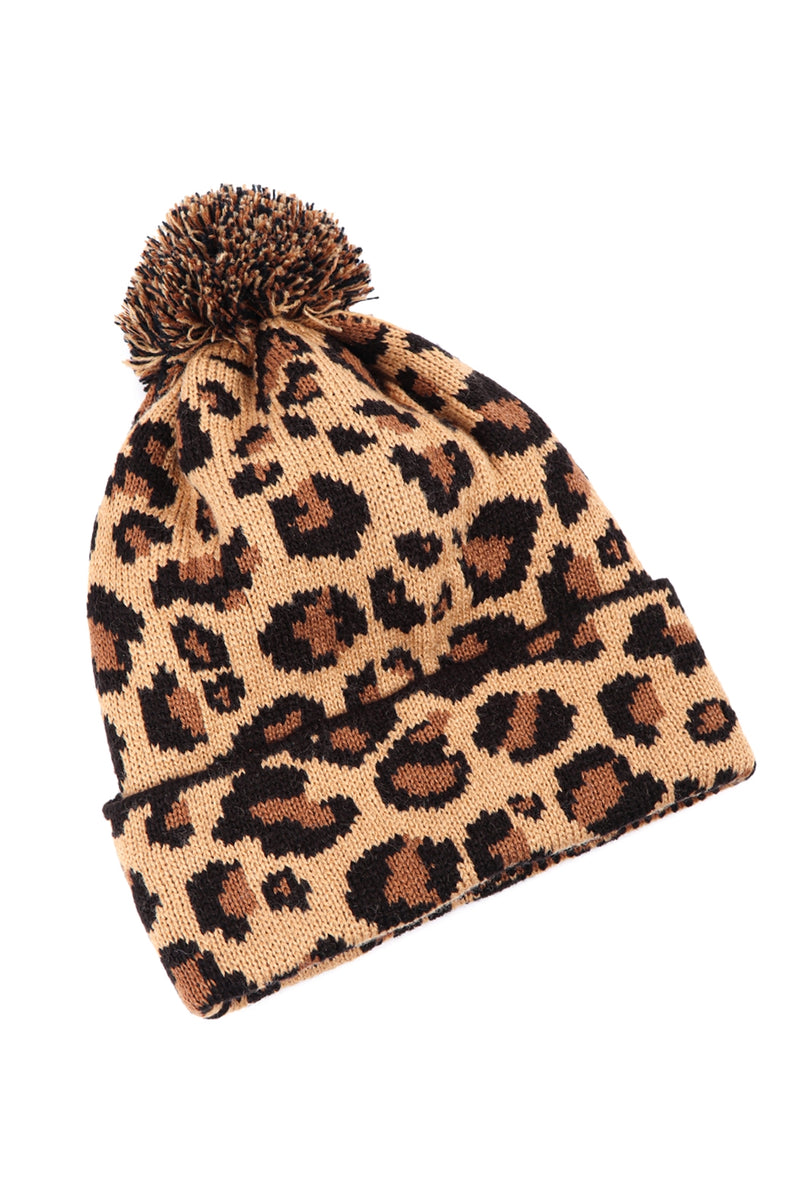 Leopard Knitted Pompom Beanie Brown - Pack of 6