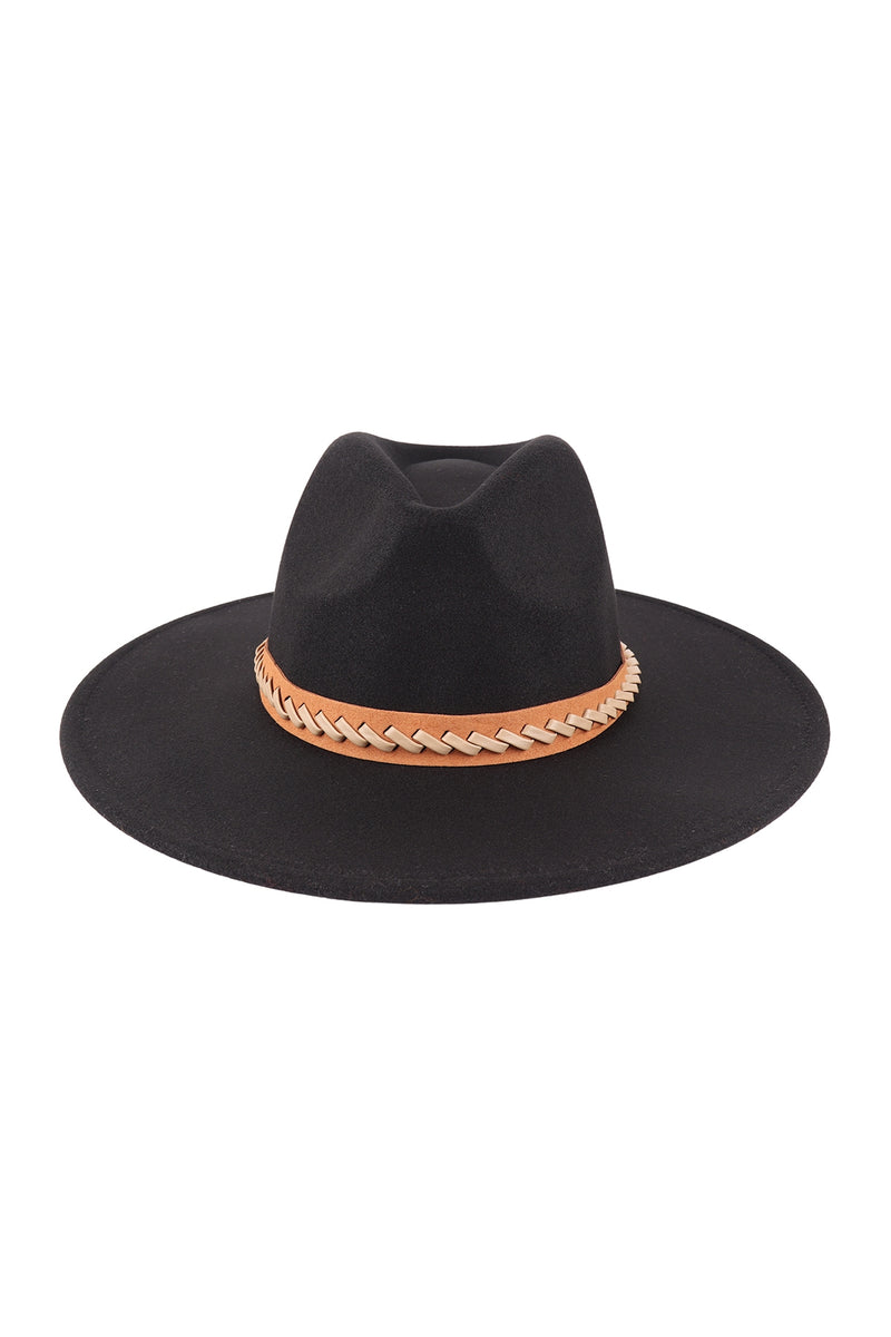 Felt Fashion Brim Hat With Leather Braided Black - Pack of 6