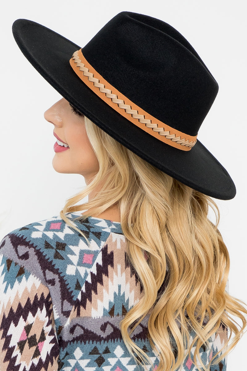 Felt Fashion Brim Hat with Leather Braided Black - Pack of 6
