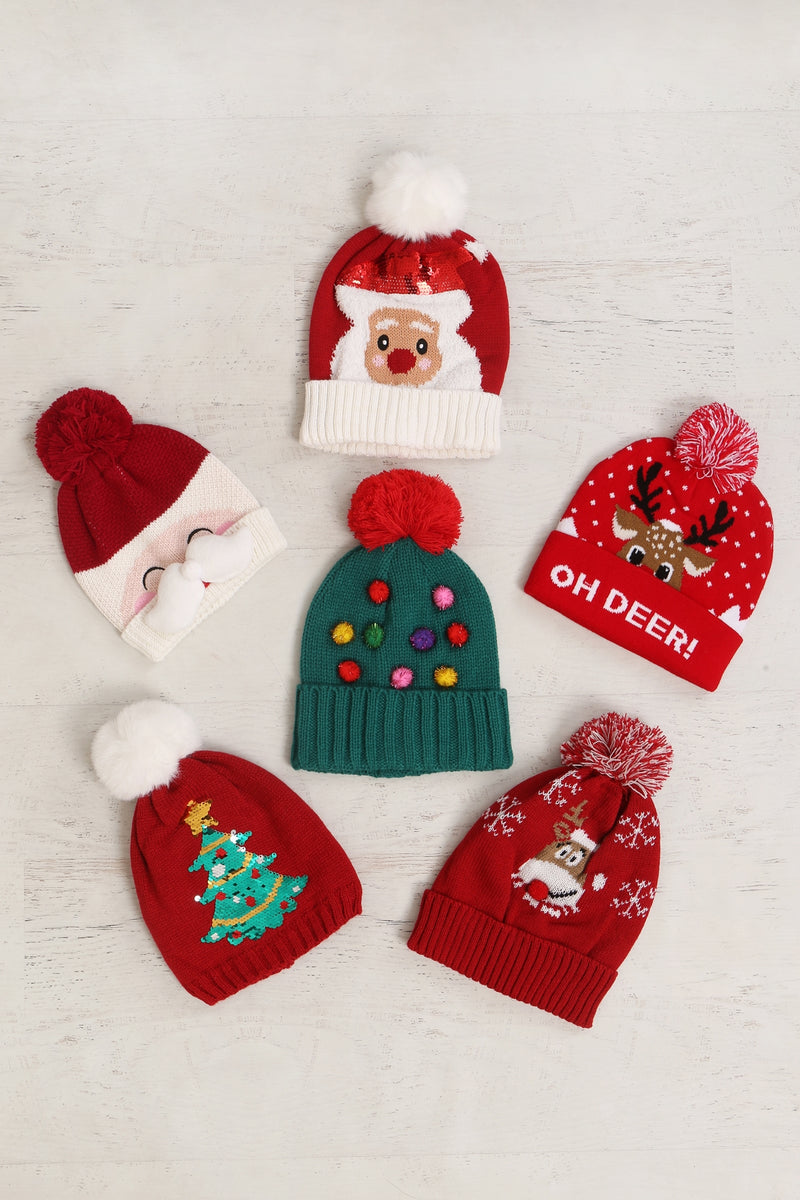 Christmas Holiday Assorted Designs Pompom Beanie Multicolor - Pack of 6