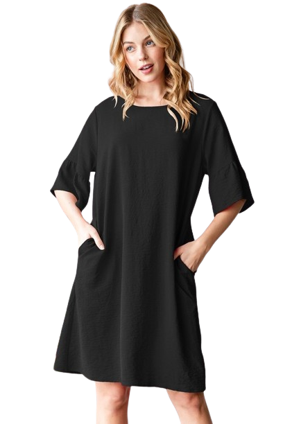 Plus Size Ruffled Round Neck Solid Mini Dress with Keyhole Back and Side Pocket Black - Pack of 6