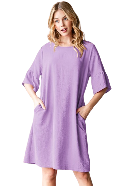 Plus Size Ruffled Round Neck Solid Mini Dress with Keyhole Back and Side Pocket Lavender - Pack of 6