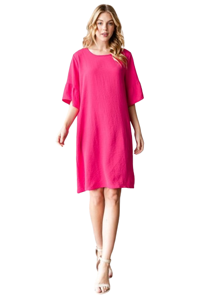 Plus Size Ruffled Round Neck Solid Mini Dress with Keyhole Back and Side Pocket Hot Pink - Pack of 6