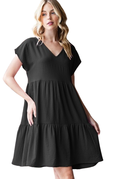 Dolman Short Sleeve V Neck Solid Tiered Mini Dress Black - Pack of 6