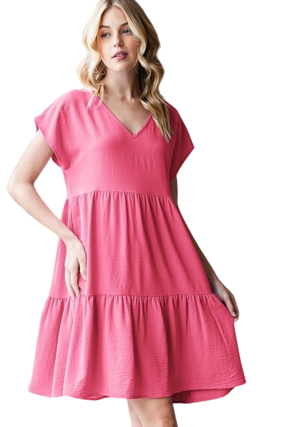 Dolman Short Sleeve V Neck Solid Tiered Mini Dress Pink Candy - Pack of 6