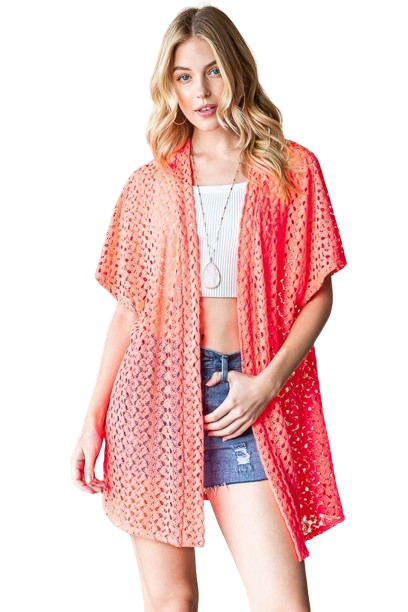 Plus Size Short Sleeve Lace Open Cardigan Neon Coral - Pack of 6