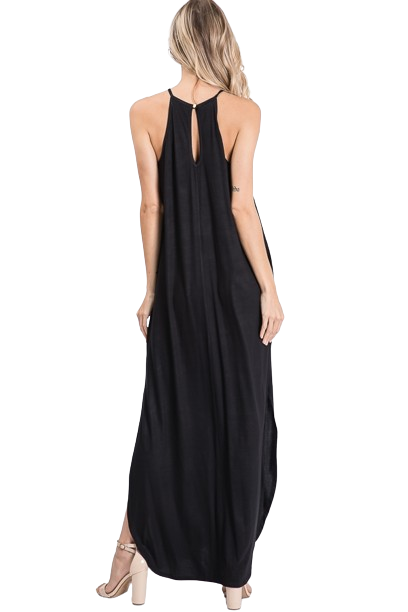 Plus Size Sleeveless Halter Neck Solid Maxi Dress with Side Pocket and Lace Detail Black - Pack of 6