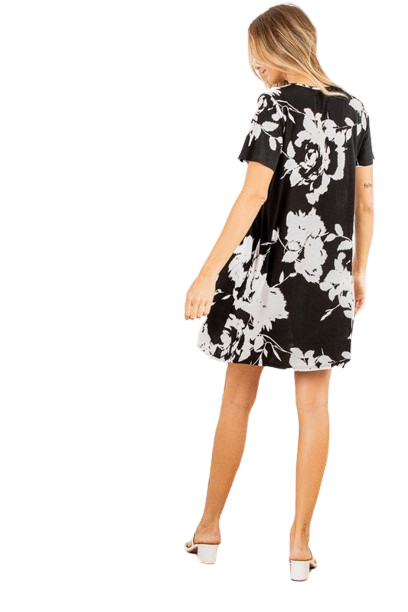 Floral Print Babydoll Dress with Front Button and Side Pocket Black Ivory - Pack of 6