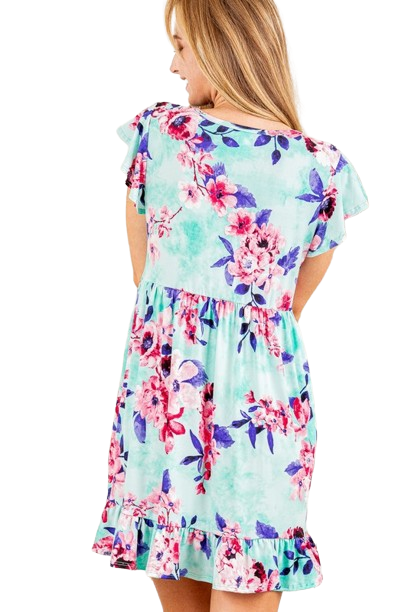 Plus Size Floral Print Dress with Ruffled and Side Pocket Mint - Pack of 6