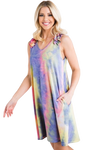 Plus Size Sleeveless with Ruffled V Neck Multicolor Tie Dye Print Mini Dress with Side Pocket Detail - Pack of 6