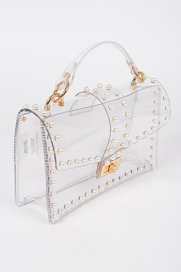 Clear Gold Transparent Clutch W/Faux Pearl Bag