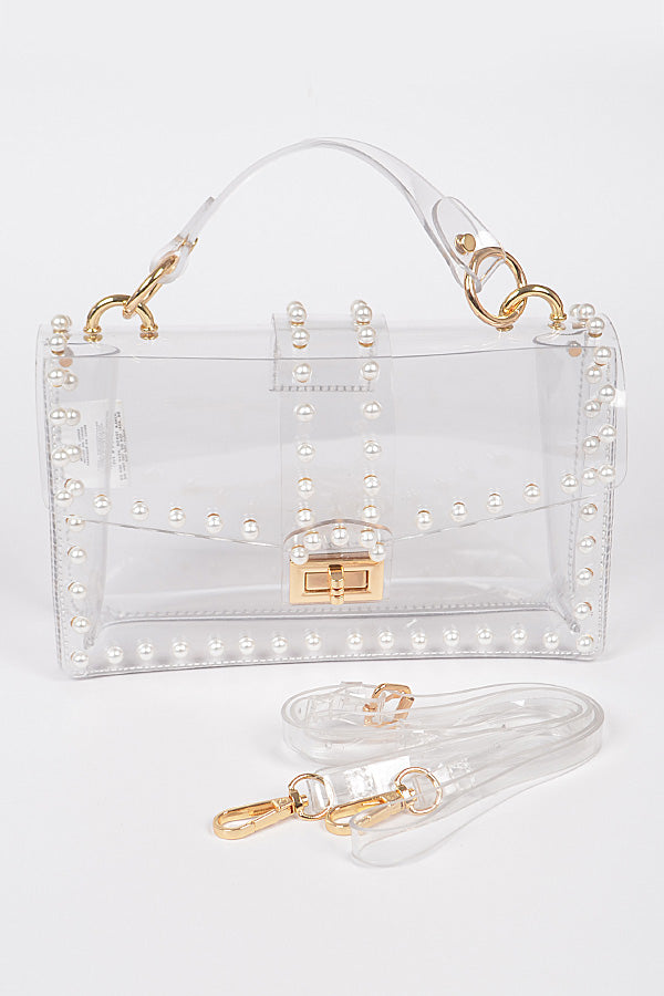Clear Gold Transparent Clutch W/Faux Pearl Bag