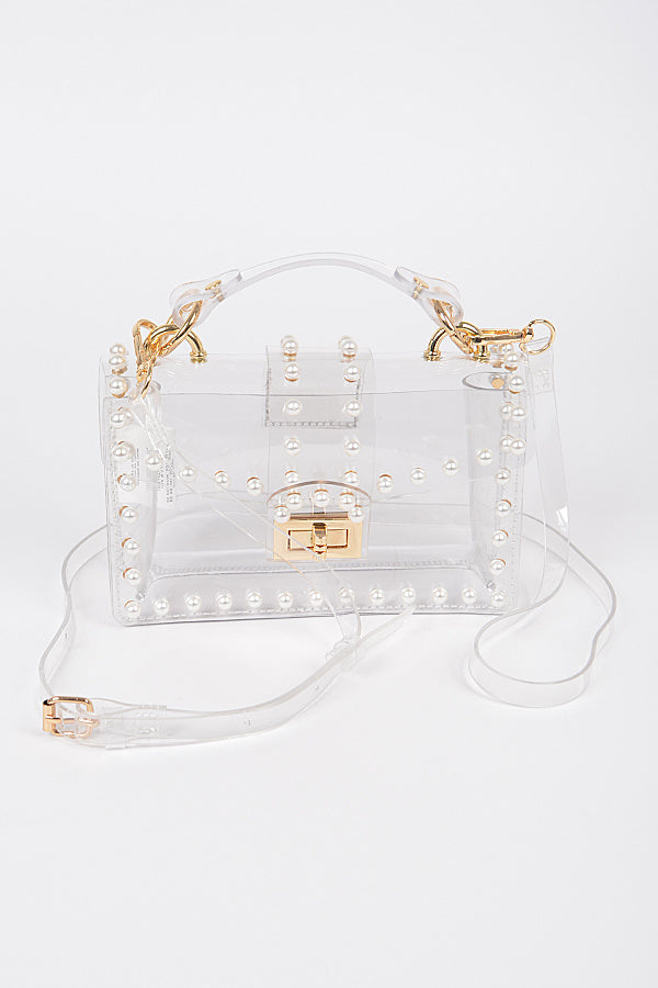 Clear Gold Transparent Single Handle Clutch W/Faux Pearl Bag
