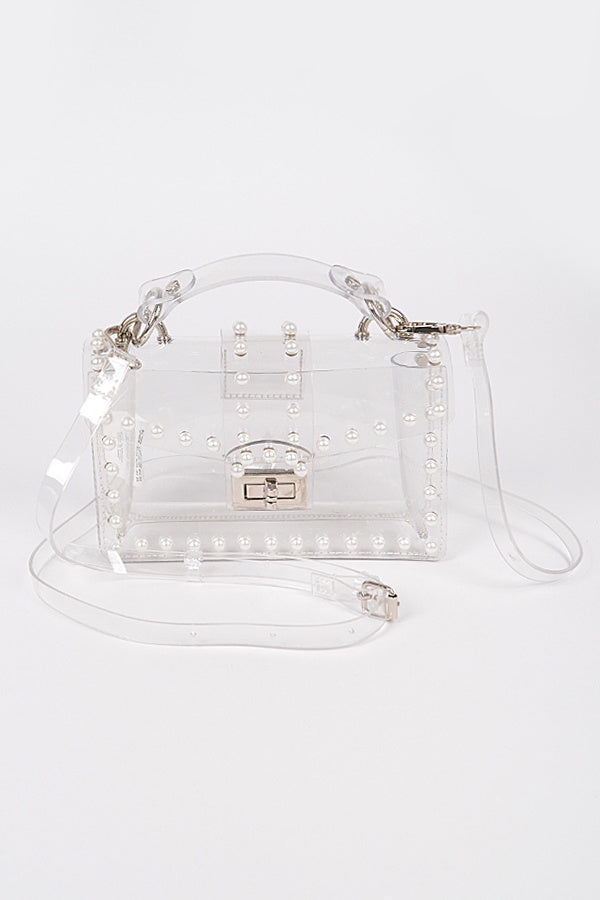 Clear Silver Transparent Clutch W/Faux Pearl Bag