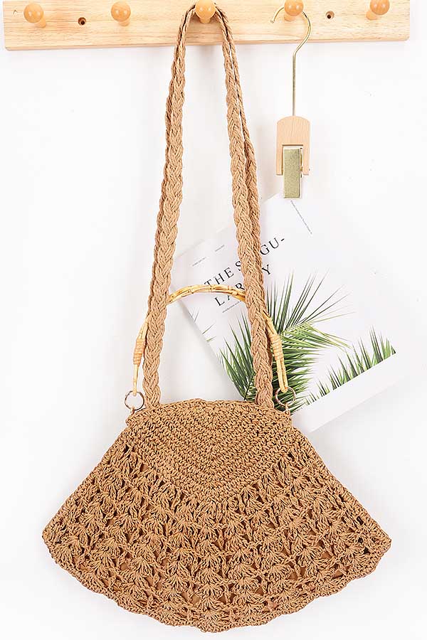 Khaki Faux Straw Bamboo Handle Bag