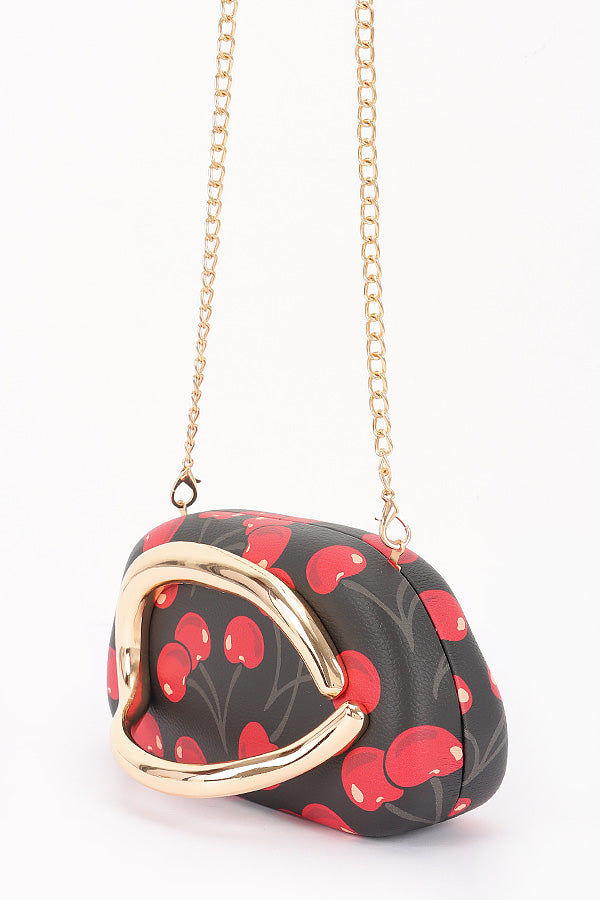 White Cherry Print Faux Leather Frame clutch Bag