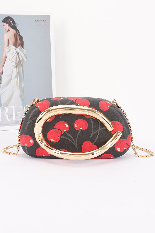 Black Cherry Print Faux Leather Frame clutch Bag