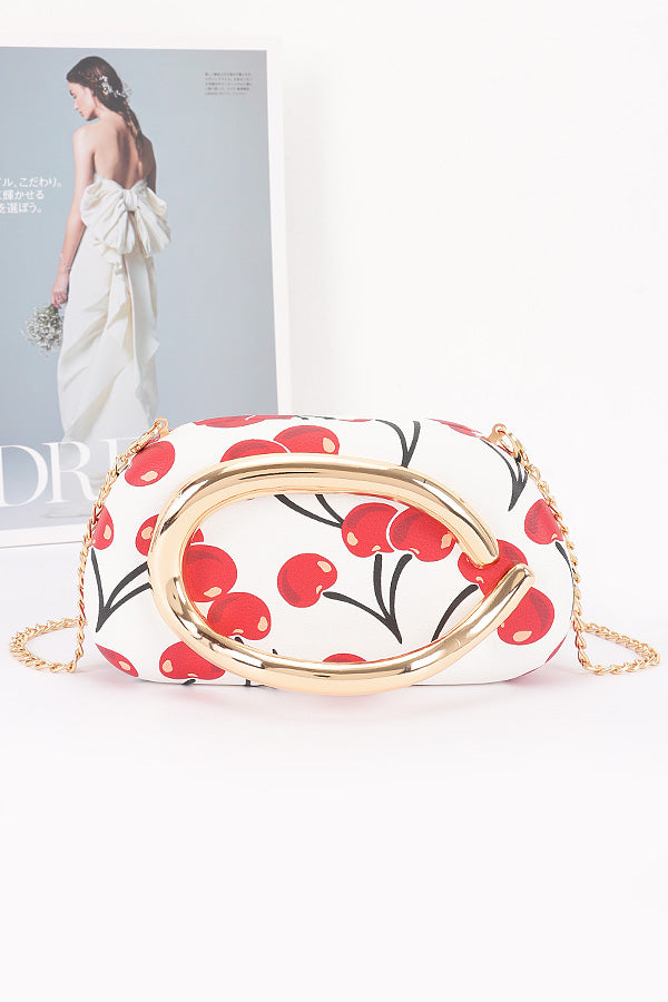 White Cherry Print Faux Leather Frame clutch Bag