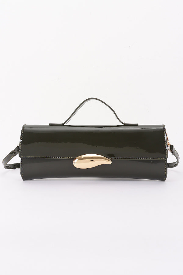 Olive Enamel Faux Leather Clutch Bag