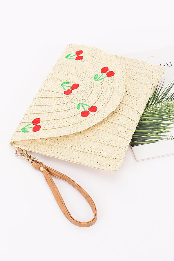 4176 Ivory Faux Straw Cherry Clutch Bag