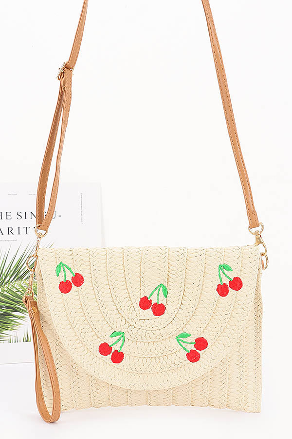 4176 Ivory Faux Straw Cherry Clutch Bag
