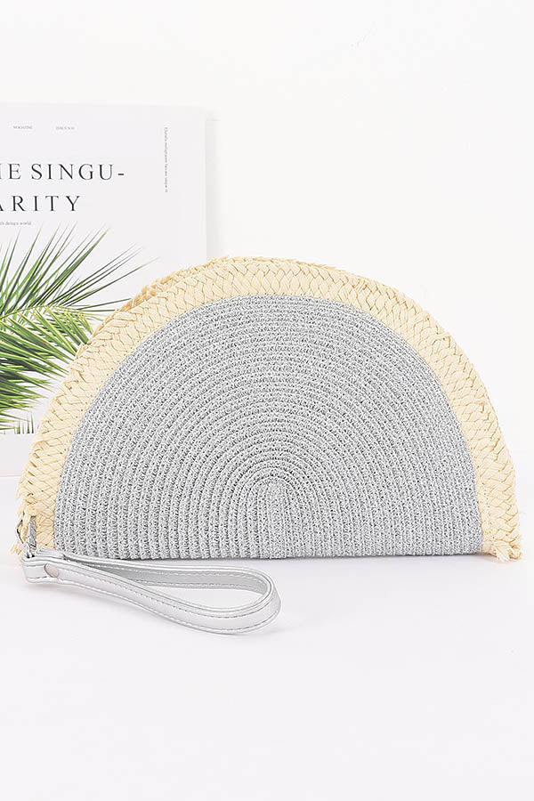 Silver Metallic Faux Straw Clutch Bag