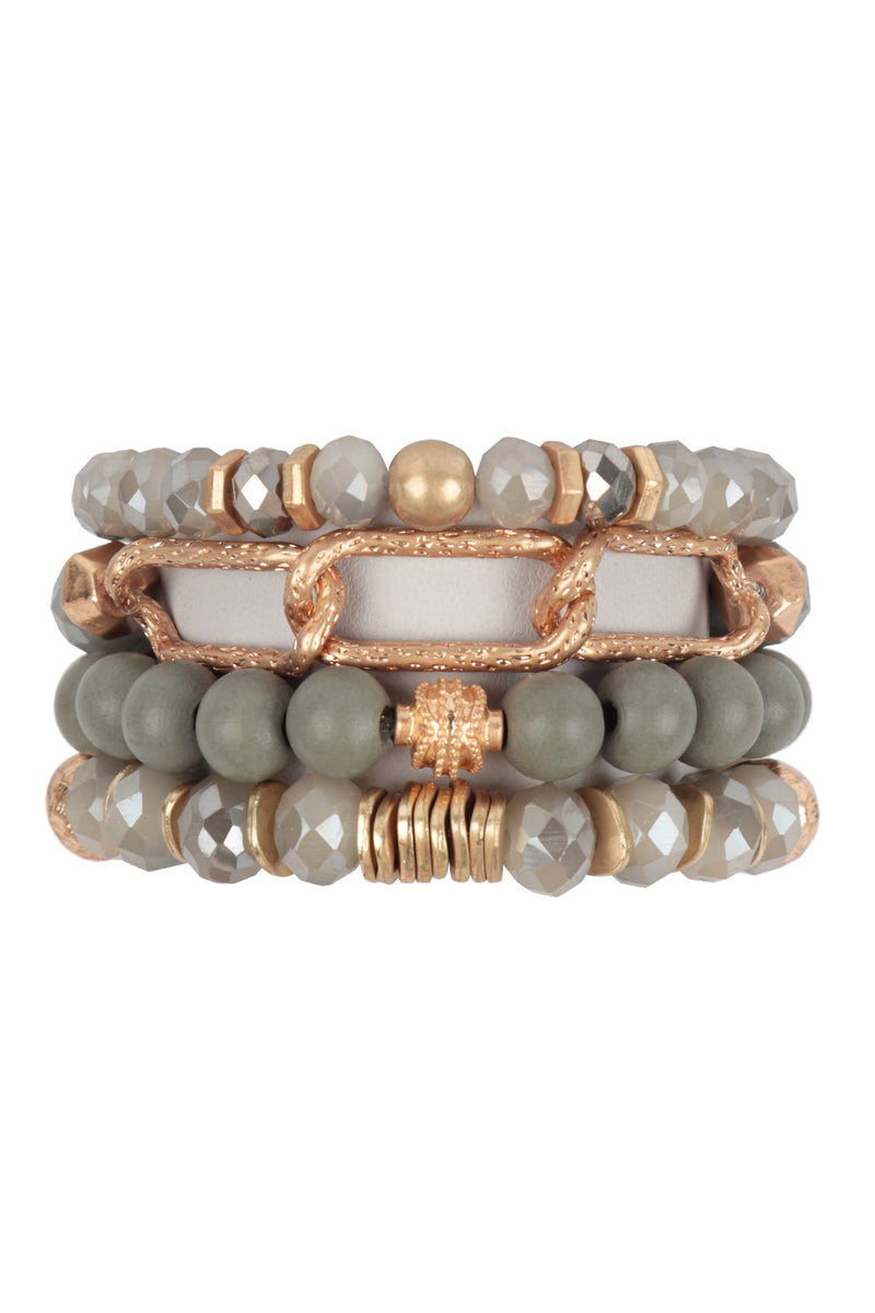 Charm Boho Wood, Rondelle Beads and Chain Bracelet Gray - Pack of 6