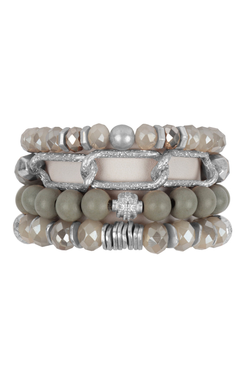 Charm Boho Wood, Rondelle Beads and Chain Bracelet Silver Gray - Pack of 6