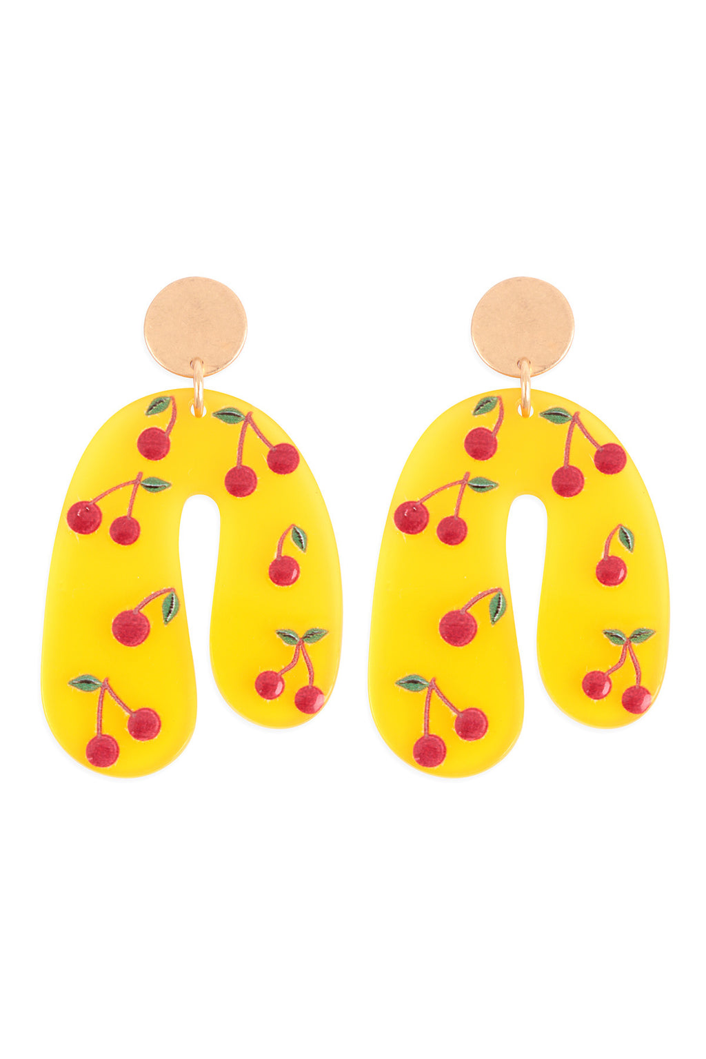 Fruit Print Acrylic U Drop Earrings Matte Gold Light Yellow - Pack of 6