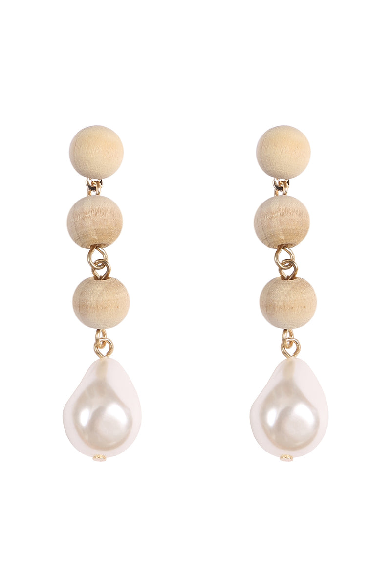 3 Wood Ball, Fresh Water Pearl Linear Drop Earrings Gold Ivory - Pack of 6