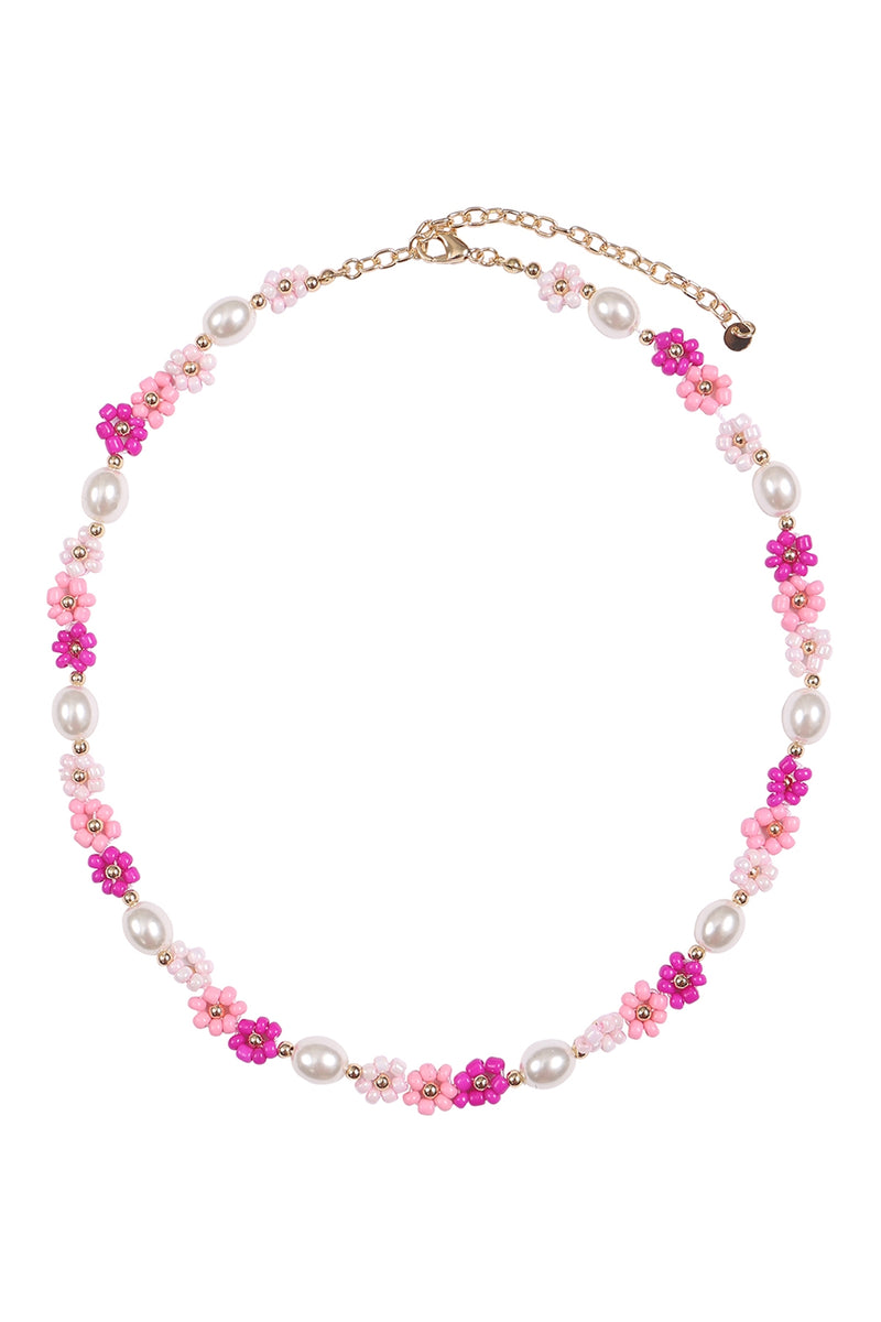 Brass Pearl Flower Seed Bead Necklace Pink - Pack of 6