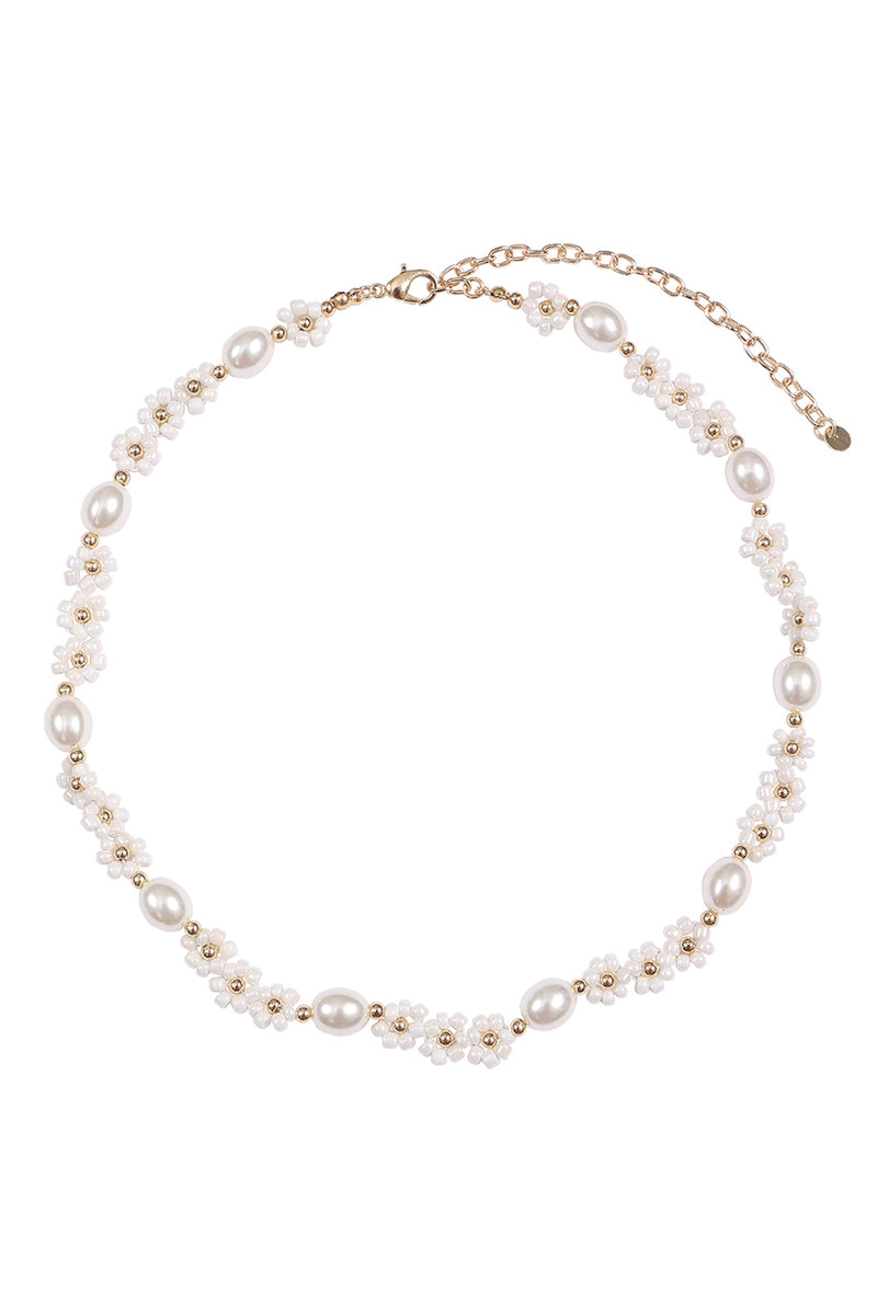 Brass Pearl Flower Seed Bead Necklace White - Pack of 6