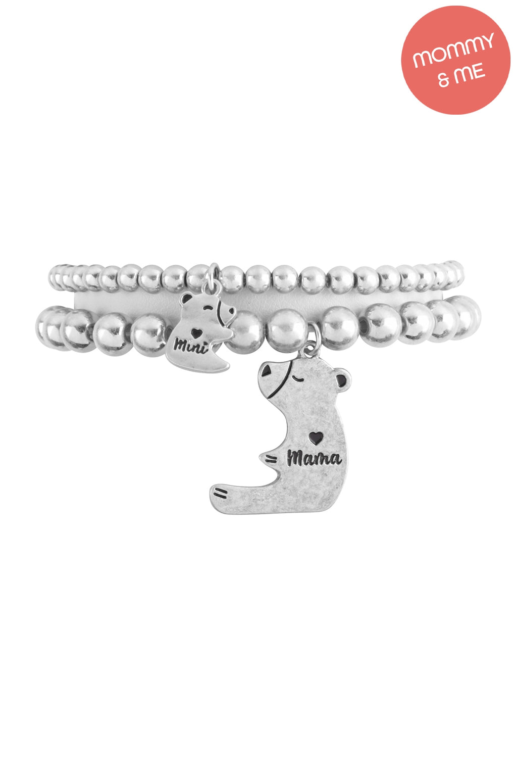 Mama Bear & Baby Bear Charm Stretch CCB Bracelet Silver - Pack of 6