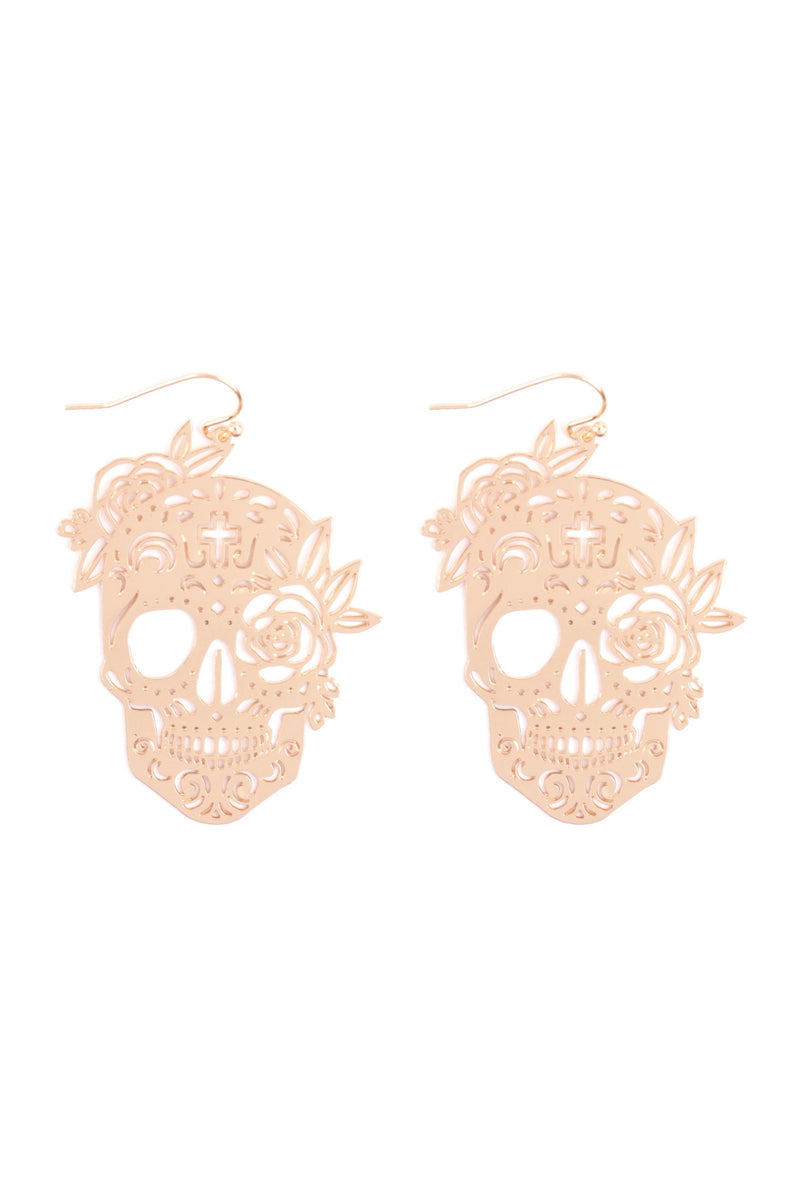 Halloween Skull Cut Out Filigree Drop Hook Earrings Gold  - Pack of 6