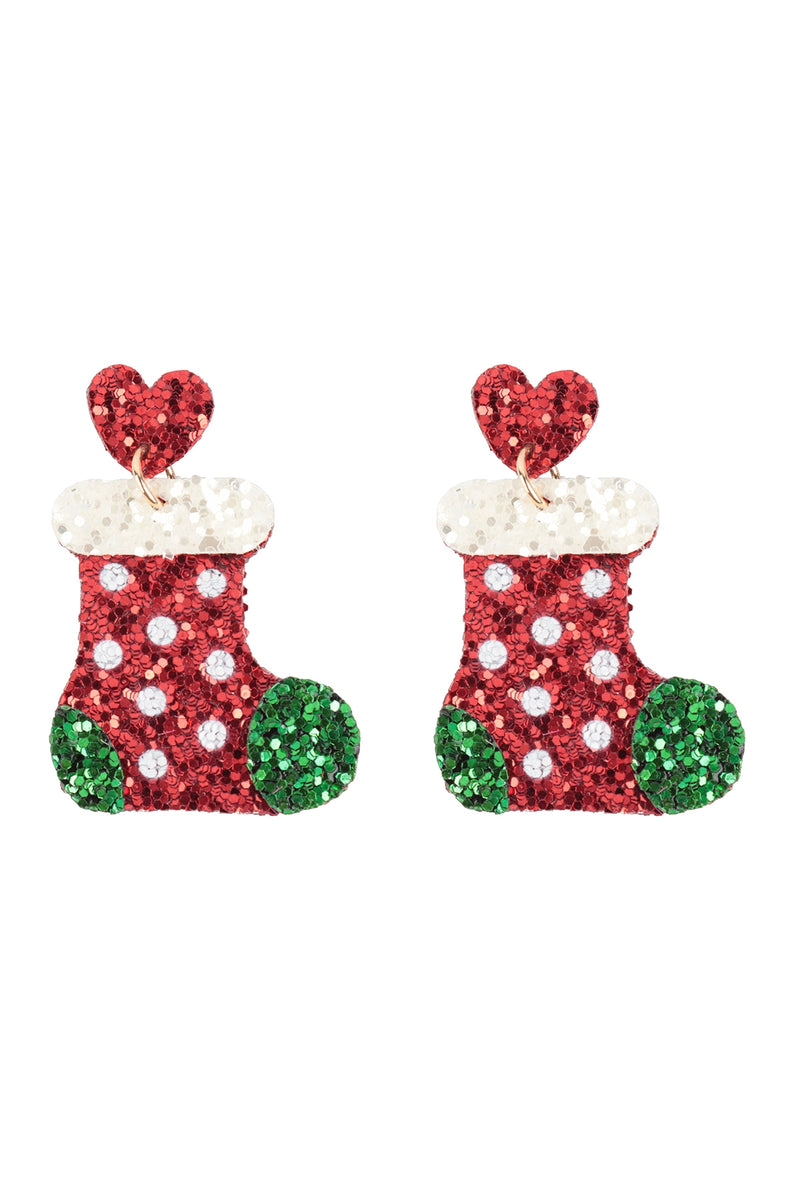 Christmas Socks Glitter Fish Hook Earrings Red - Pack of 6