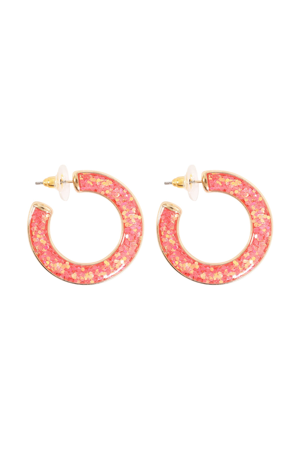 Glitter Epoxy Hoop Post Earrings Coral - Pack of 6