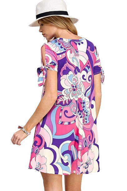 Plus Size Tied Split Sleeve Multi Colored Leaves Print Dress Lilac Pink - Pack of 6