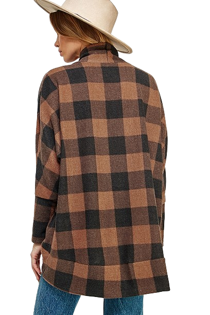 Plus Size Open Front Banded Hem Plaid Cardigan Brown Black - Pack of 6