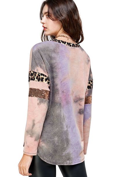 Sequin and Leopard Accent Tie Dye Knit Top Lavender Peach - Pack of 6