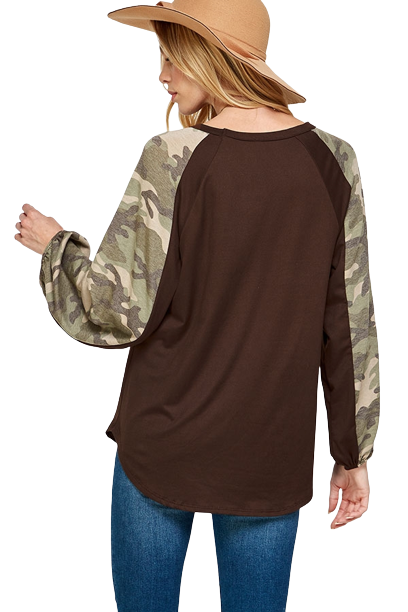 Camo Contrast Bubble Sleeve Knit Top Brown - Pack of 6