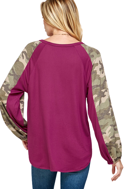 Camo Contrast Bubble Sleeve Knit Top Magenta - Pack of 6