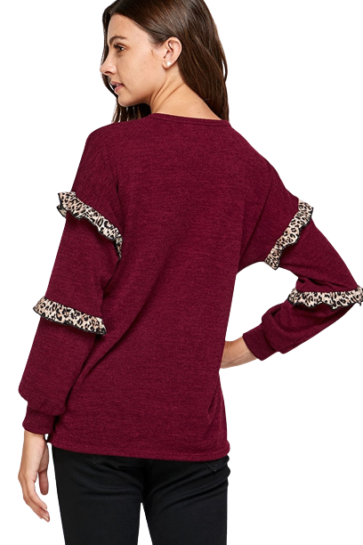 Leopard Ruffle Knit Pullover Burgundy - Pack of 6